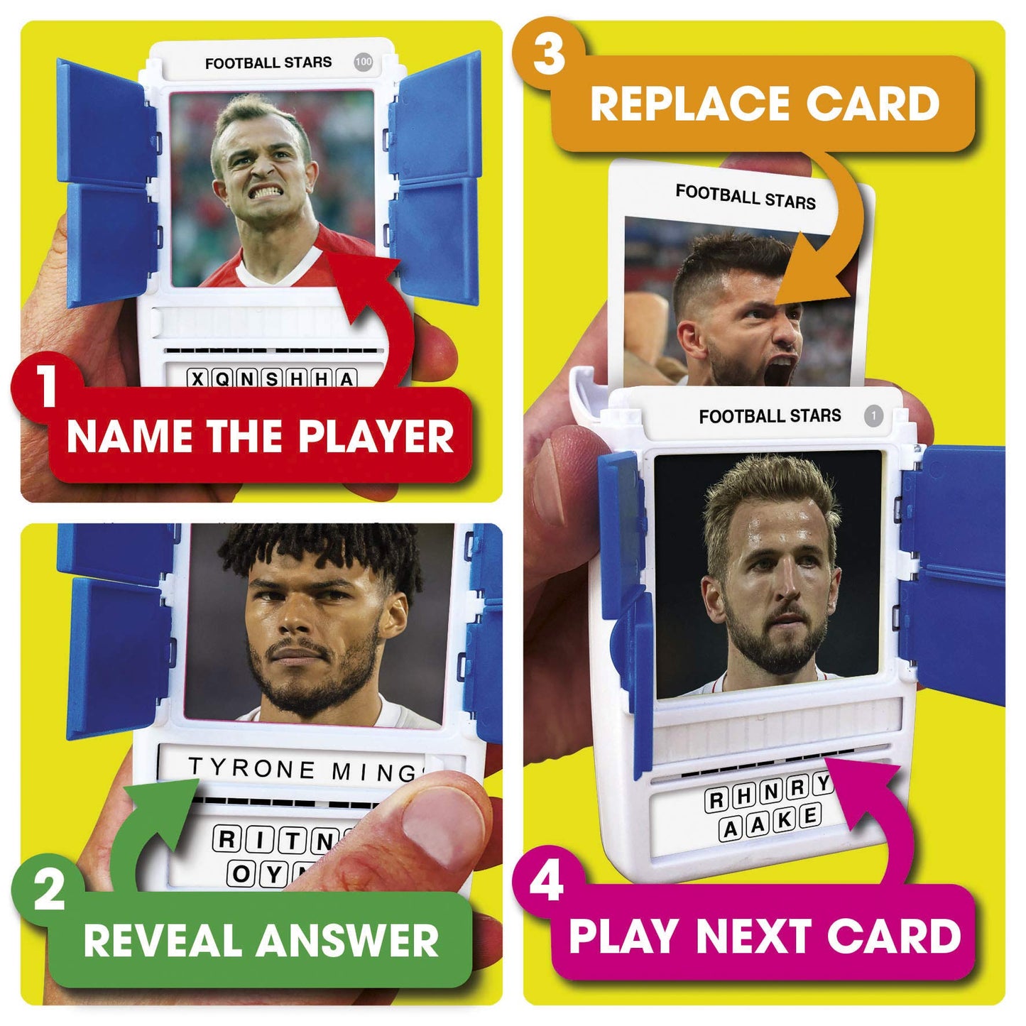 100 PICS Football Stars Travel Game - Guess 100 Players | Flash Cards with Slide Reveal Case | Quiz Card Game, Gift, Stocking Filler | For Kids and Adults | Ages 6+