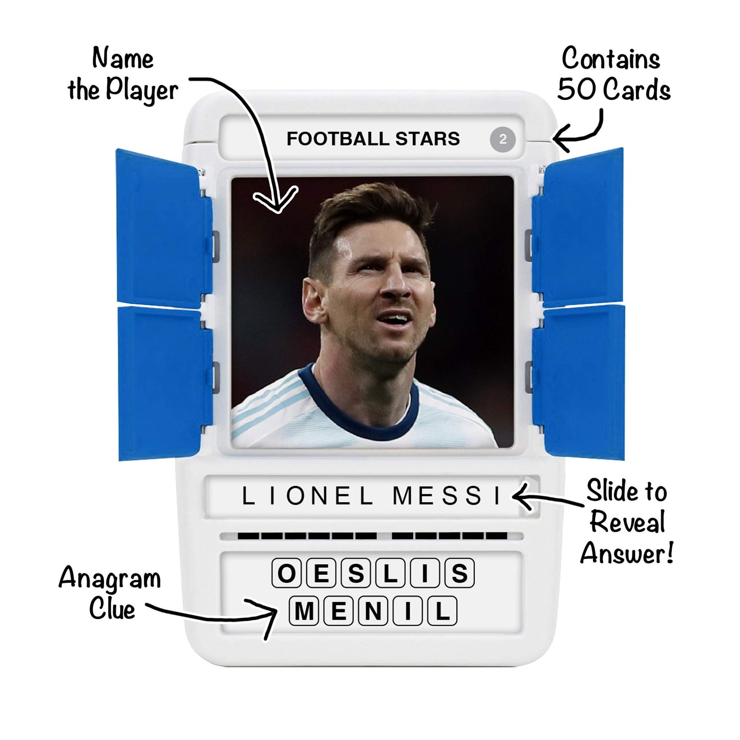 100 PICS Football Stars Travel Game - Guess 100 Players | Flash Cards with Slide Reveal Case | Quiz Card Game, Gift, Stocking Filler | For Kids and Adults | Ages 6+