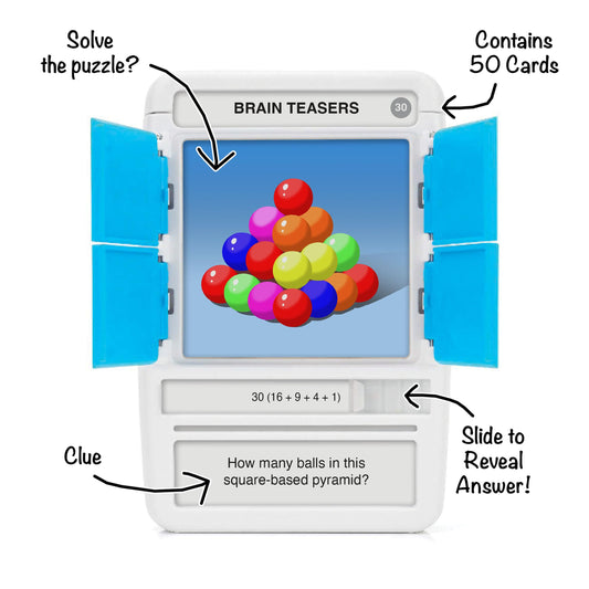 100 PICS Brain Teasers | Travel Game | Flash Cards with Slide Reveal Case | Card Game, Gift, Stocking Filler | Hours of Fun for Kids and Adults | Age 6+