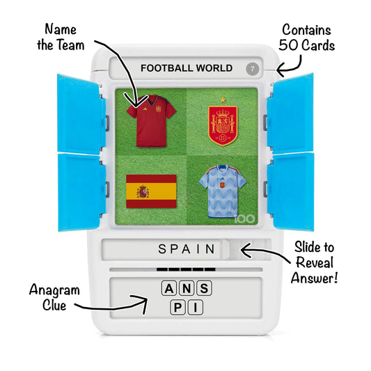 100 PICS Football World Travel Game - Identify 100 National Squads from flags and kits | Flash Cards with Slide Reveal Case | Card Game, Gift, Stocking Filler | Ages 6+