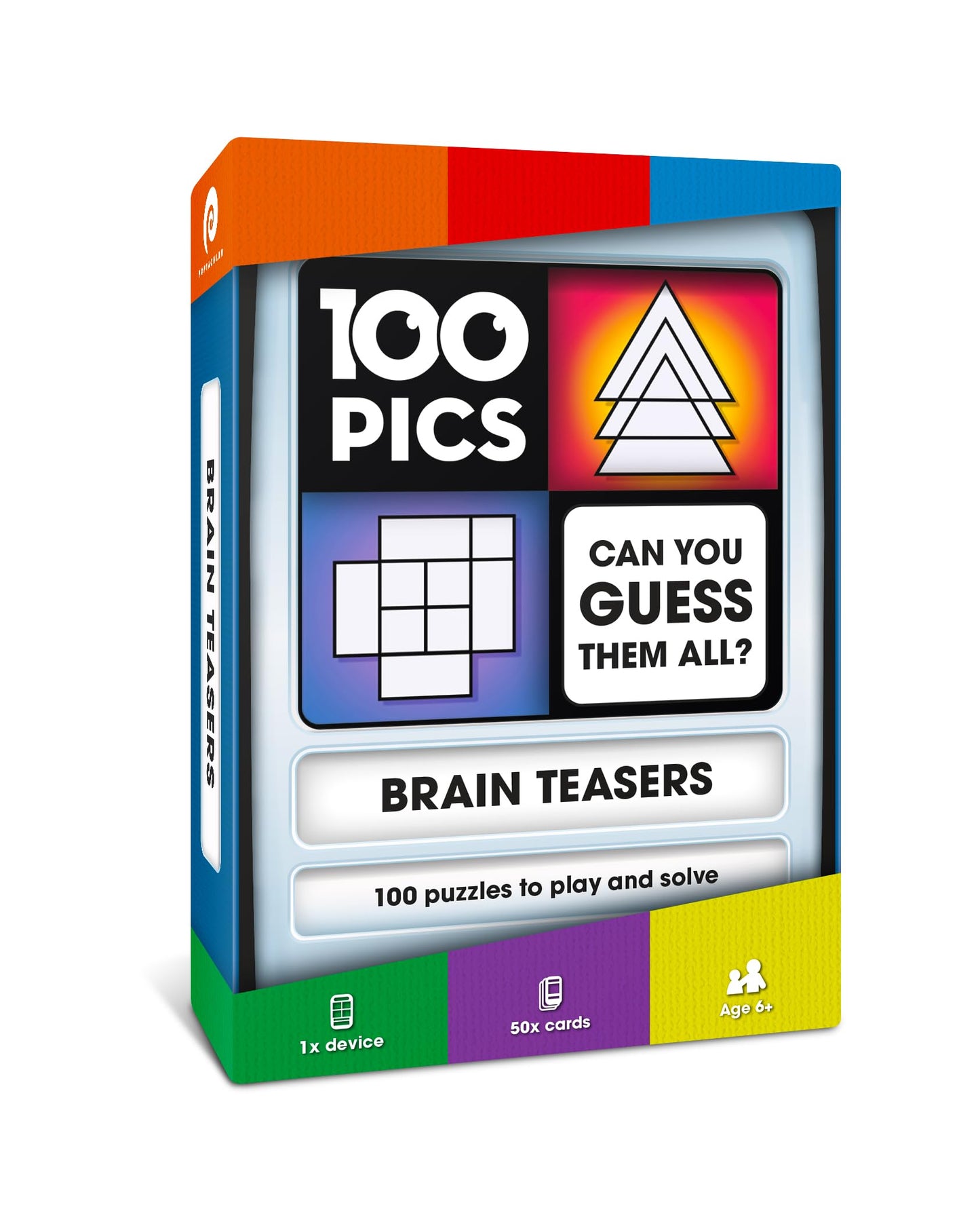 100 PICS Brain Teasers | Travel Game | Flash Cards with Slide Reveal Case | Card Game, Gift, Stocking Filler | Hours of Fun for Kids and Adults | Age 6+