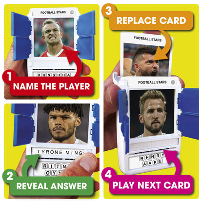 100 PICS Football Stars Travel Game - Guess 100 Players | Flash Cards with Slide Reveal Case | Quiz Card Game, Gift, Stocking Filler | For Kids and Adults | Ages 6+