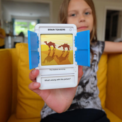 100 PICS Brain Teasers | Travel Game | Flash Cards with Slide Reveal Case | Card Game, Gift, Stocking Filler | Hours of Fun for Kids and Adults | Age 6+