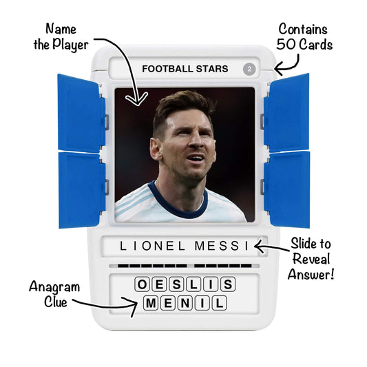 100 PICS Football Stars Travel Game - Guess 100 Players | Flash Cards with Slide Reveal Case | Quiz Card Game, Gift, Stocking Filler | For Kids and Adults | Ages 6+
